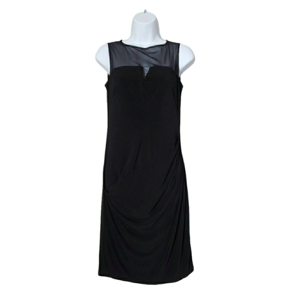 London Times Black Ruched Mesh Cocktail Dress